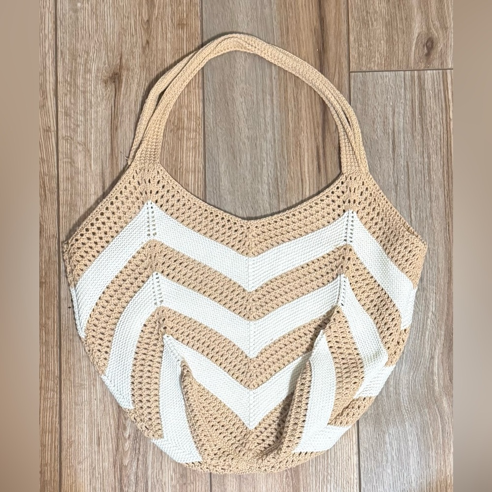 New Beige and White Crochet Tote Bag